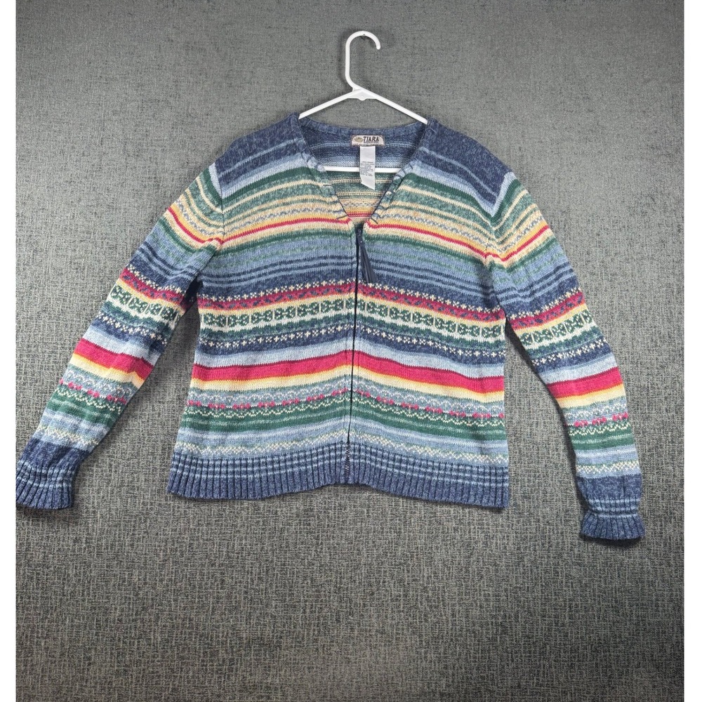 Tiara International Fair Isle Zip Up Cardigan Sweater Blue Multi Color Large